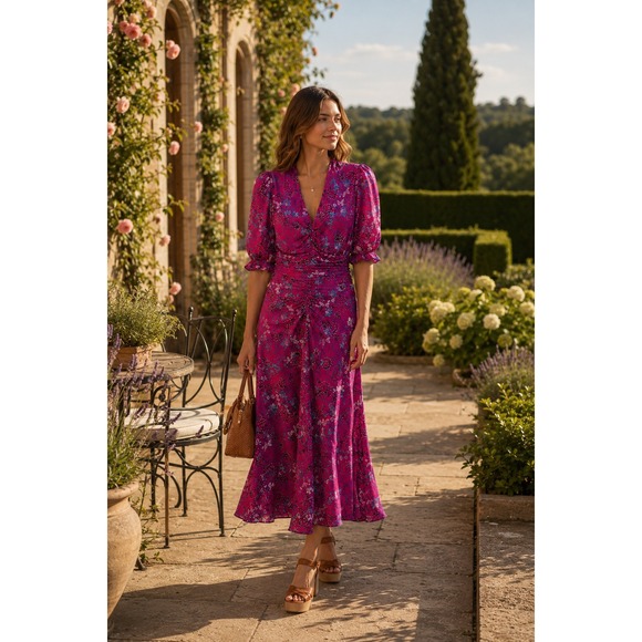 ME+EM Dresses & Skirts - ME+EM Fuchsia Floral Wrap-Style Midi Dress